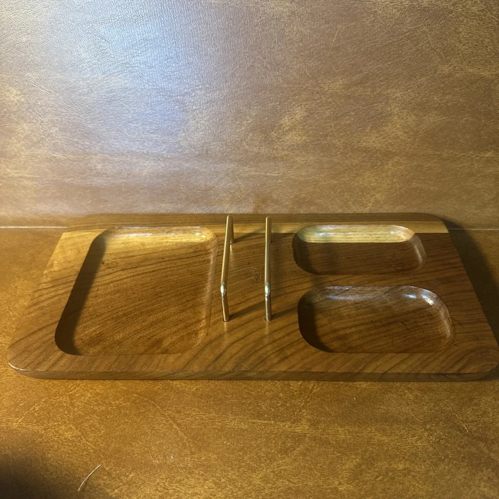 Vtg Mid Century Men's Brown Wood & Brass Jewelry Valet Desk Organizer Caddy MCM